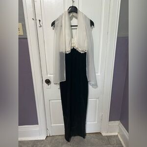 Elegant White & Dark Green Evening Dress